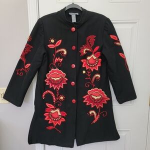 Indigo Moon Womens Long Embroidered Rosettes Floral Boho Asian Art Jacket Small